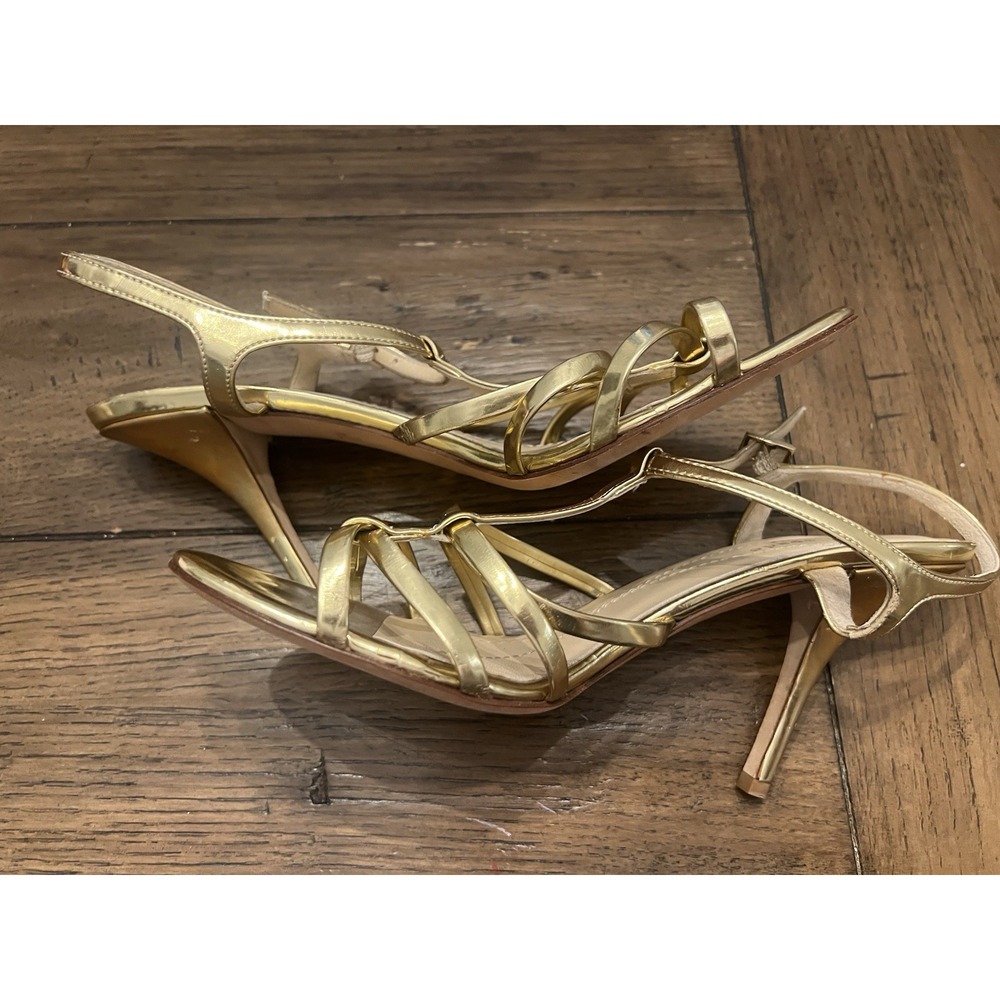 KATE SPADE Women's Sz 8.5 B Metallic Gold Leather Ankle Strap Pumps Heel Sandals - Picture 6 of 14